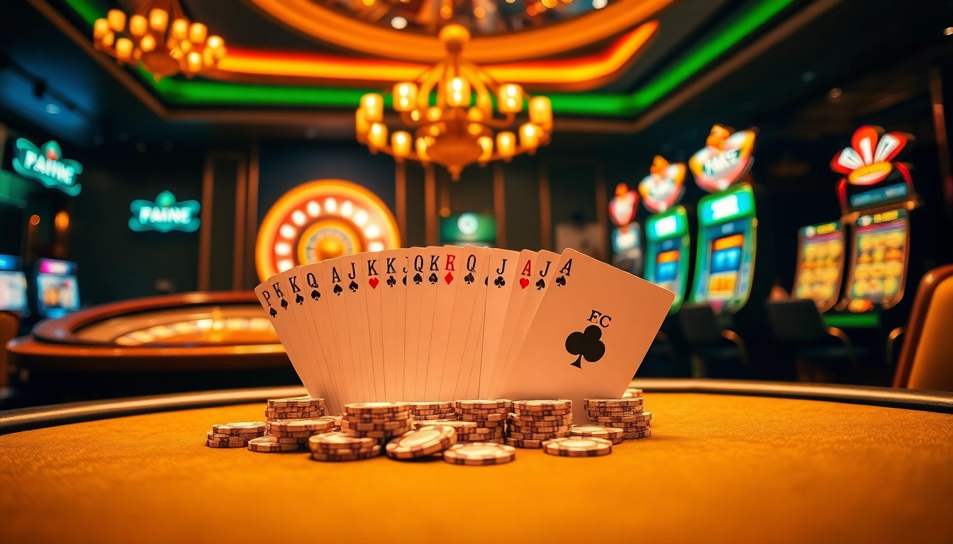 Experience the excitement of FC88 with a vibrant casino scene featuring poker, roulette, and luxury gaming elements.