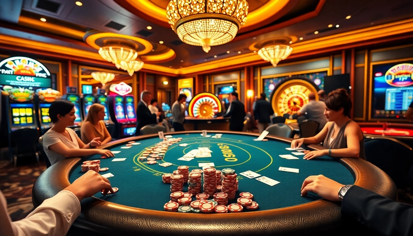 Engaged players at the DF999 gaming table, surrounded by vibrant casino elements and excitement.