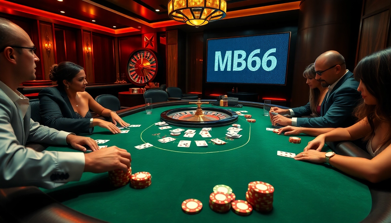 Playing poker at a luxury casino table, showcasing MB66 excitement and vibrant atmosphere.