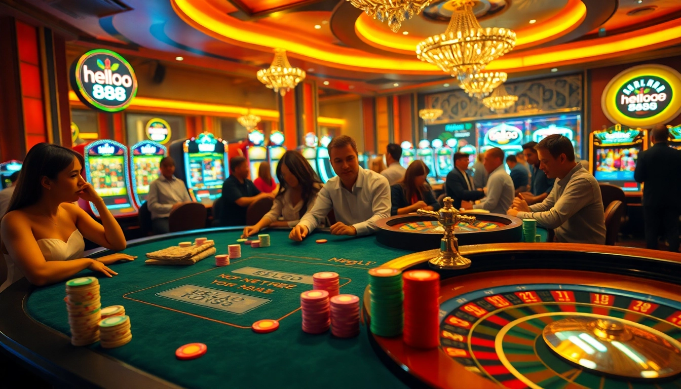 Hello88 poker chips stacked high on a vibrant casino table, showcasing luxury gambling excitement.