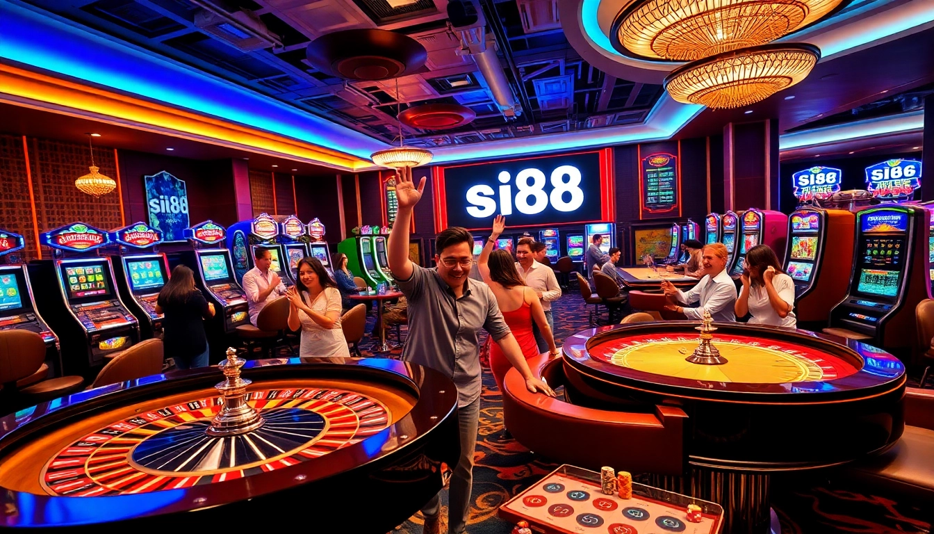 Siu88 casino scene showcasing vibrant roulette wheel and engaged gamblers.