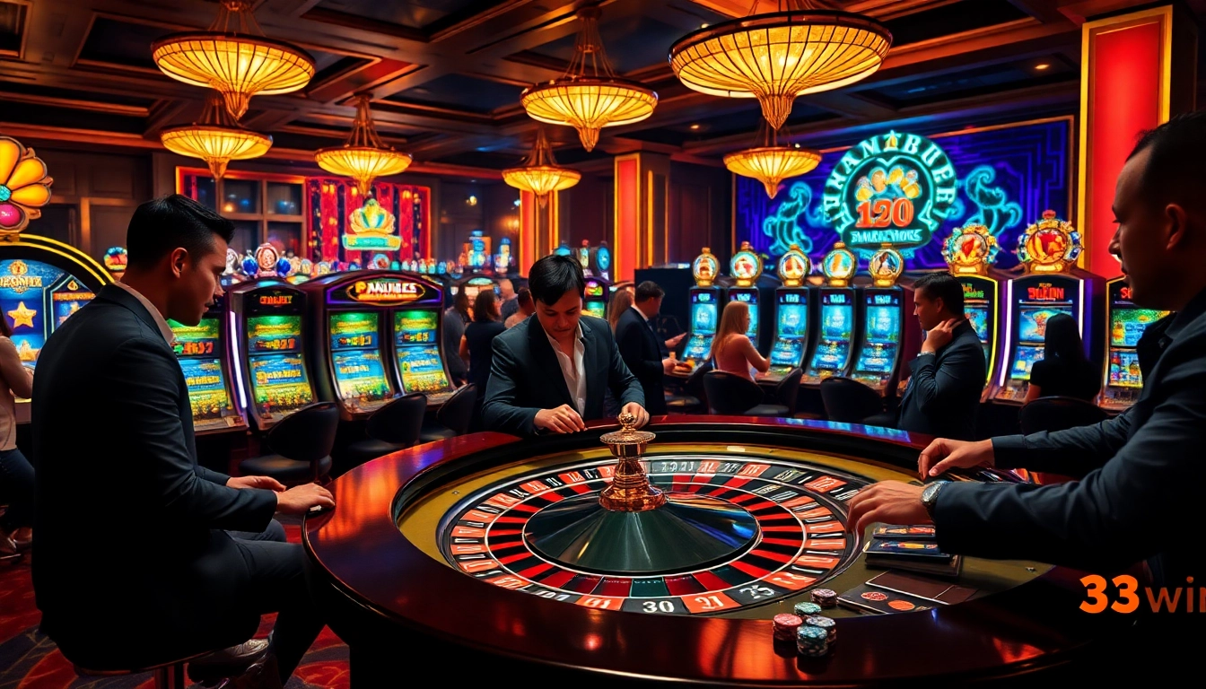 Gamblers enjoy an exciting roulette game at 33win in a luxurious casino atmosphere.