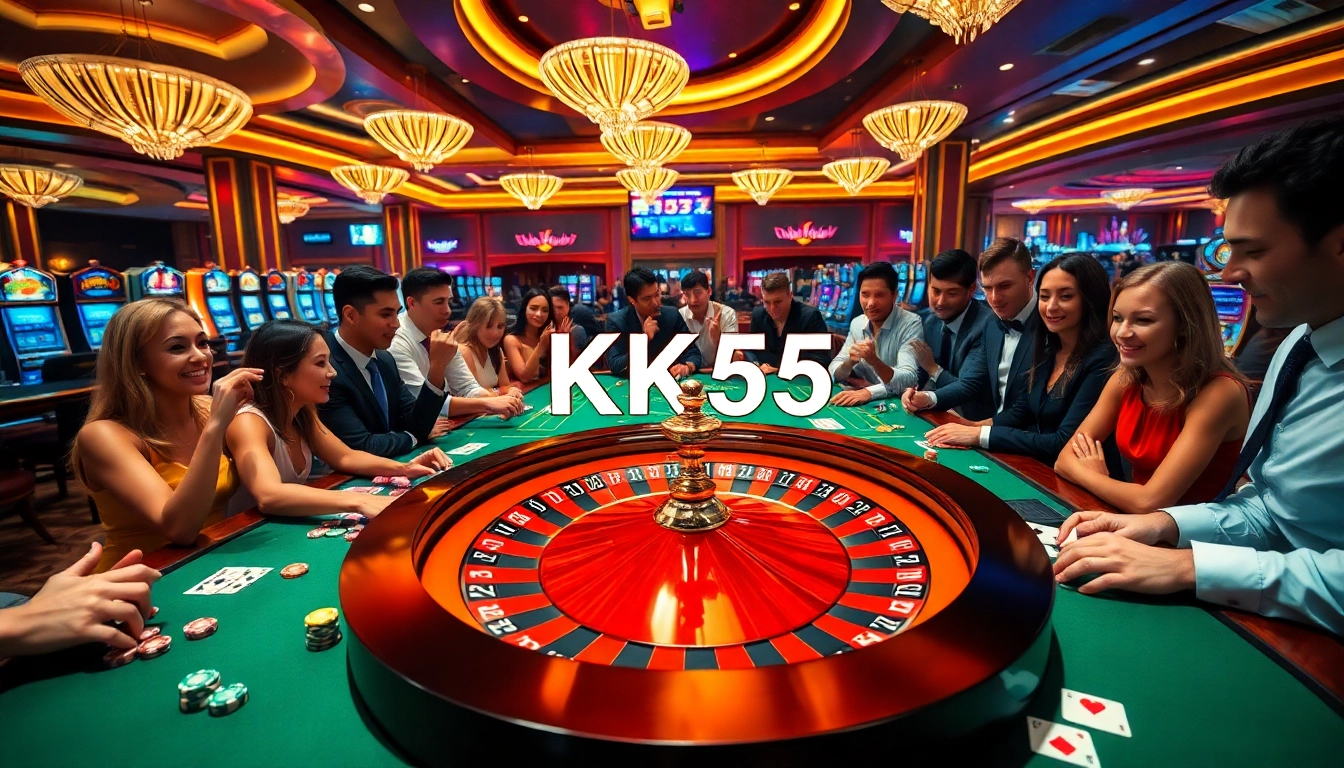 Exciting gambling scene showcasing KK55 in a vibrant casino with roulette, cards, and chips.
