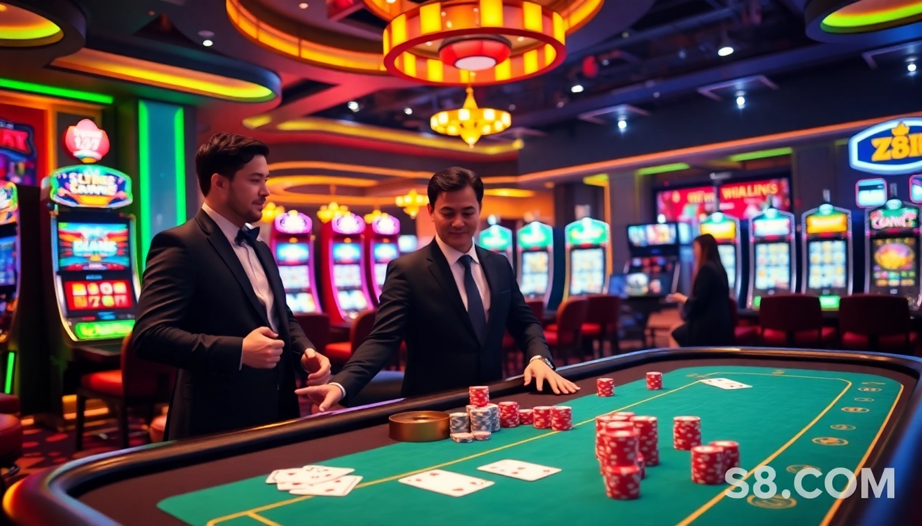 Experience thrilling gameplay at S8.COM with an electrifying casino scene featuring poker chips and slot machines.
