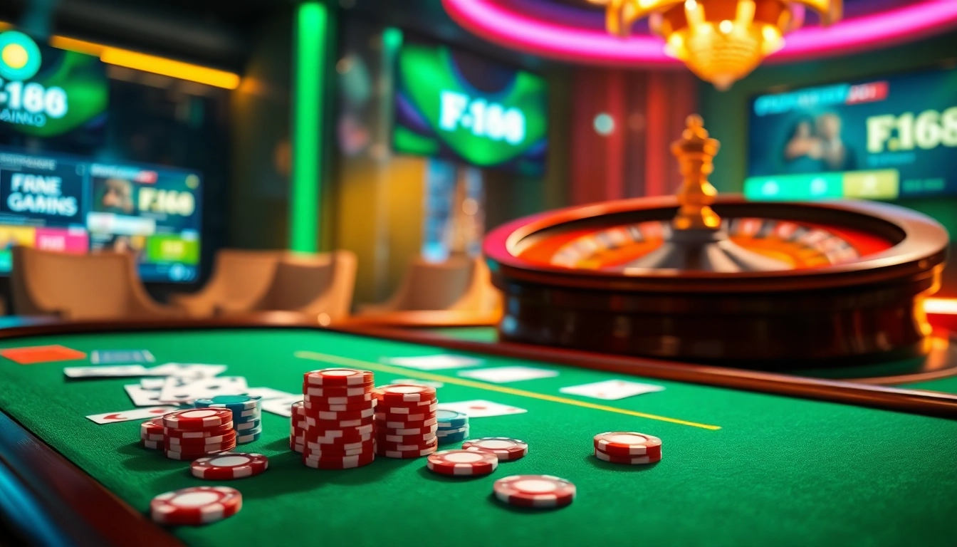 Players engaging with the vibrant F168 online casino interface showcasing poker chips and cards.