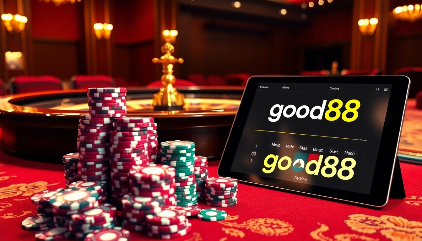 High-stakes casino scene featuring good88 poker chips and roulette for a thrilling gambling experience