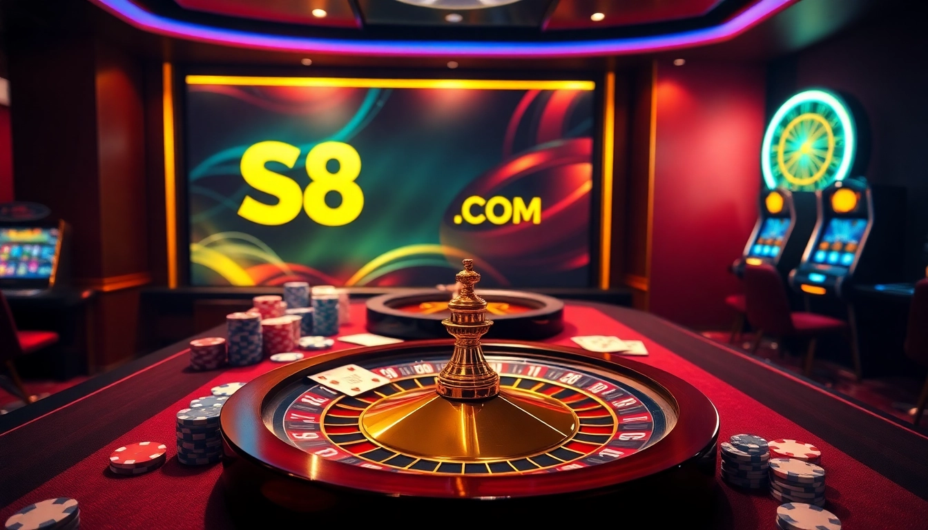 Engage with thrilling games at S8.COM, showcasing poker, roulette, and vibrant casino elements.
