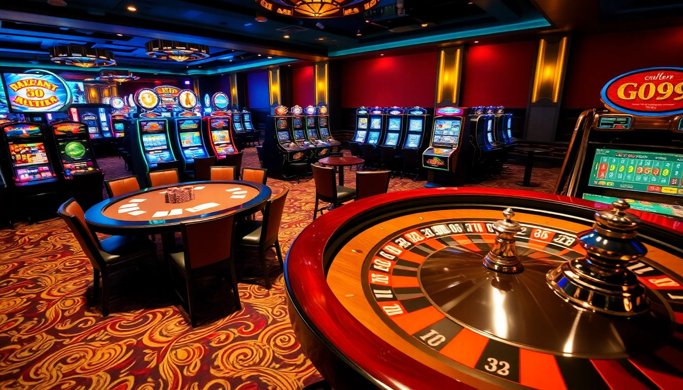 Engaging scene of gamblers enjoying high-stakes poker and slot machines at go99 casino.
