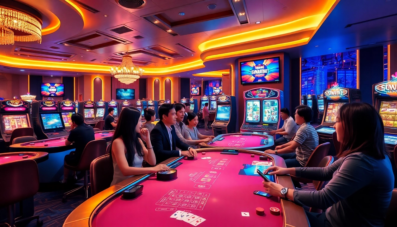 Sunwin online gaming experience showcasing diverse players in a luxurious casino setting.