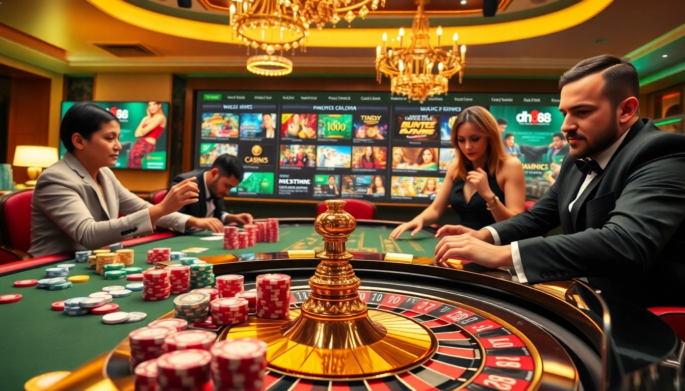 Experience the thrill at dh88's glamorous casino tables filled with colorful poker chips and high-stakes gameplay.