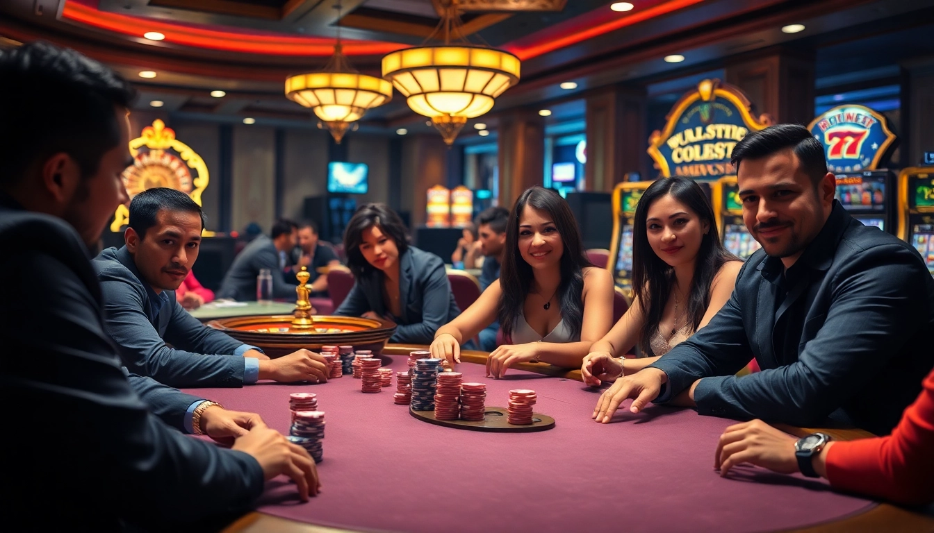 Experience the adrenaline of 8kbet games with players at a high-stakes poker table surrounded by luxury.