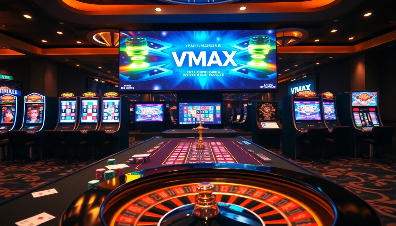 Engaging VMAX online gambling scene with casino tables, colorful poker chips and vibrant slot machines.