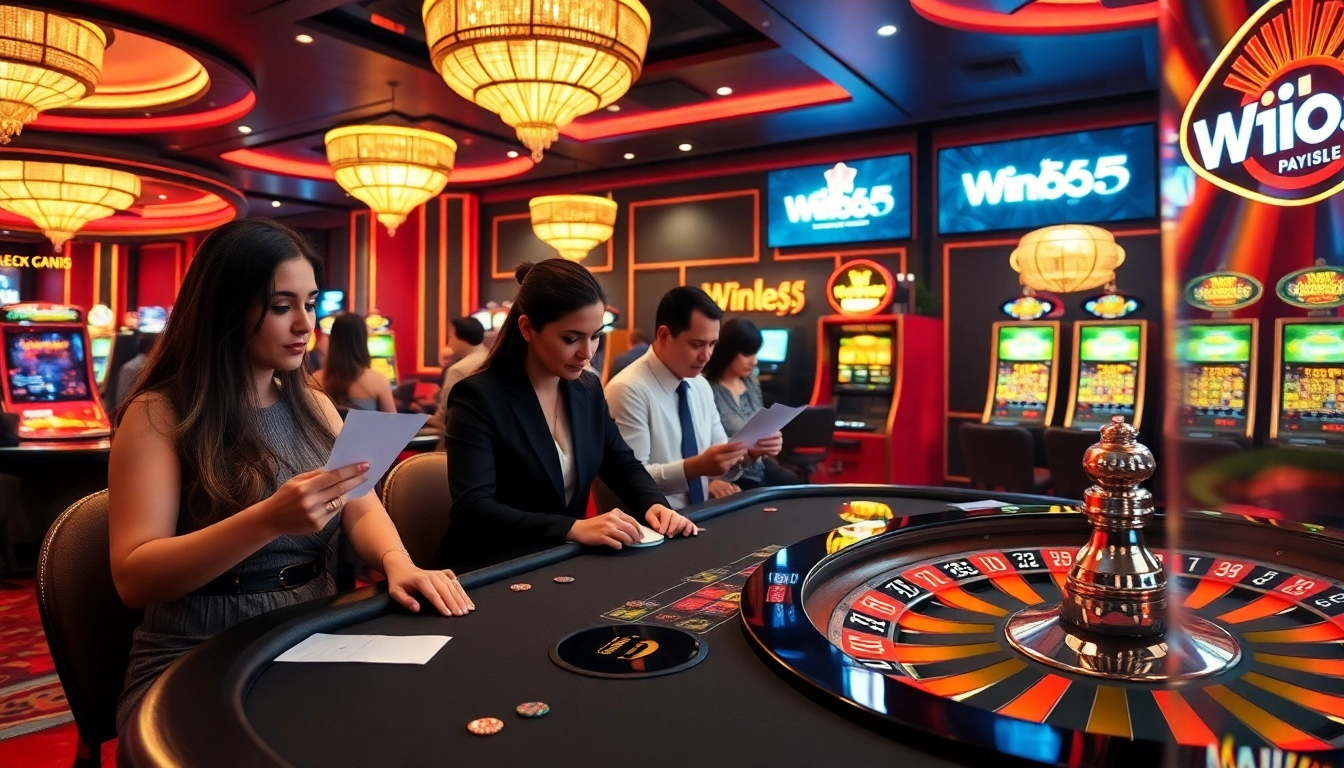 Exciting casino action at Win55 with players at poker and roulette tables.