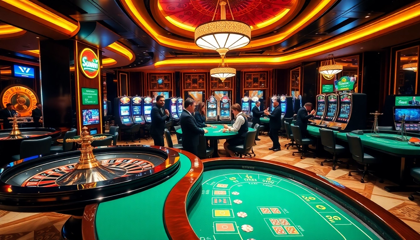 Experience the excitement of Sunwin casino gaming with vibrant slot machines and roulette tables.