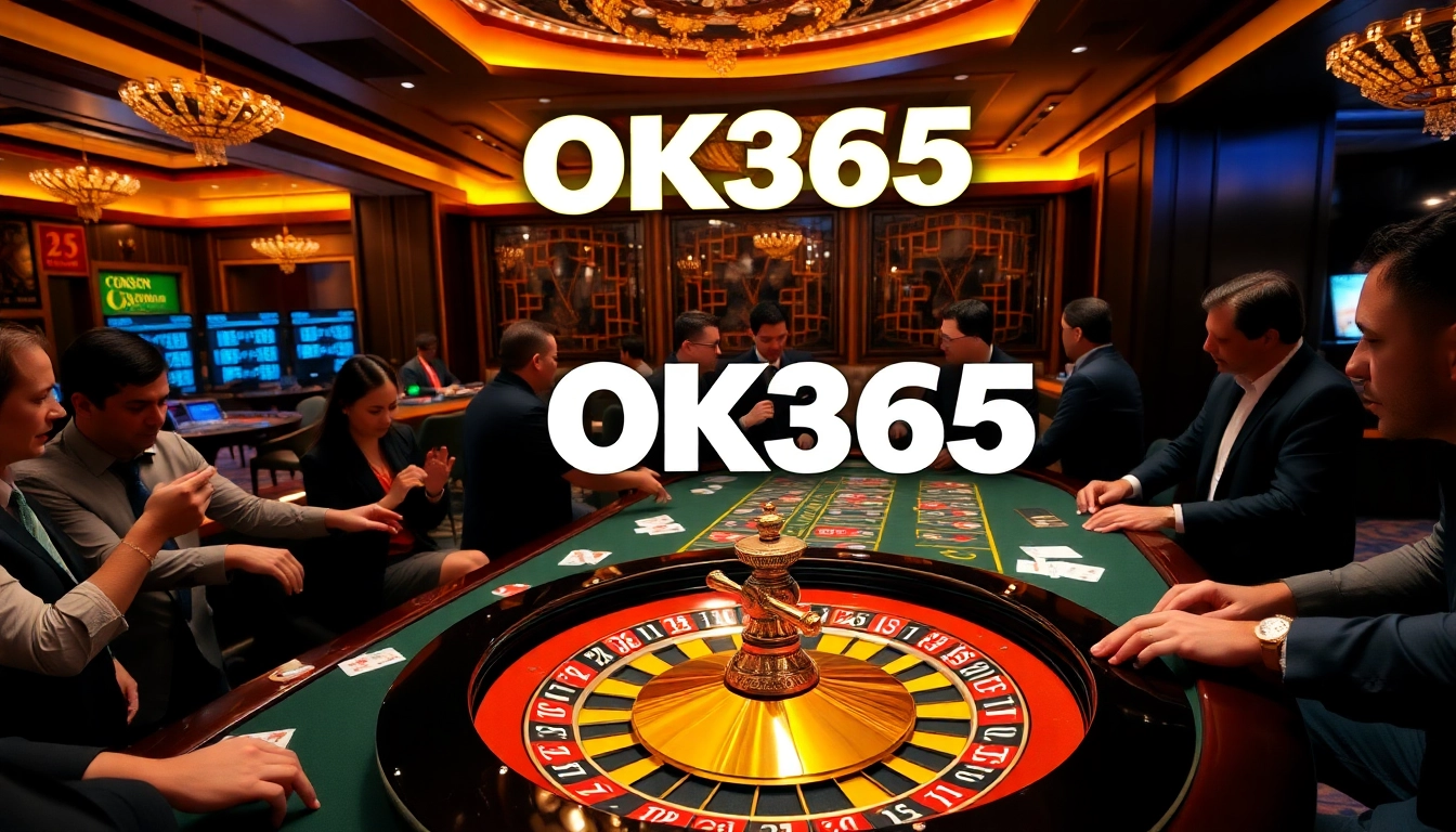 Captivating casino scene with players enjoying games at OK365, featuring poker chips and cards.