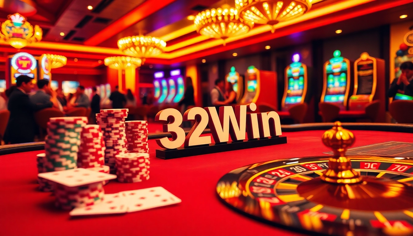 Experience the thrill of gaming at 32Win casino, featuring vibrant poker chips and elegant roulette tables.