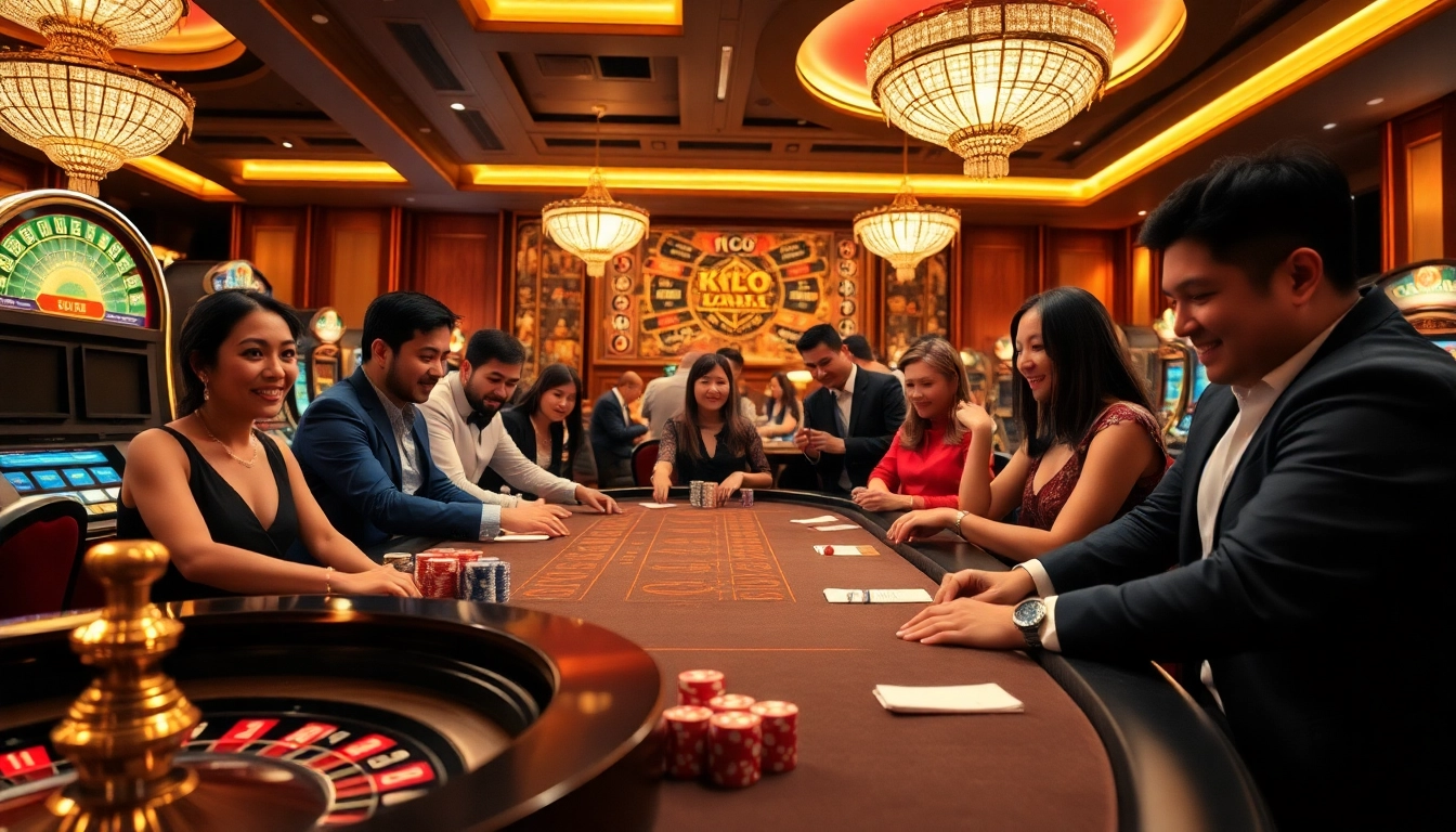 The kèo nhà cái board displays betting odds while eager gamblers enjoy a thrilling casino atmosphere.
