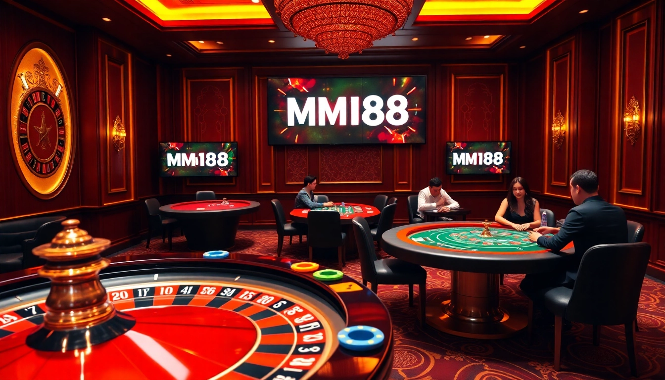 Players enjoy a thrilling game at MM88 online casino with vibrant poker tables and roulette.