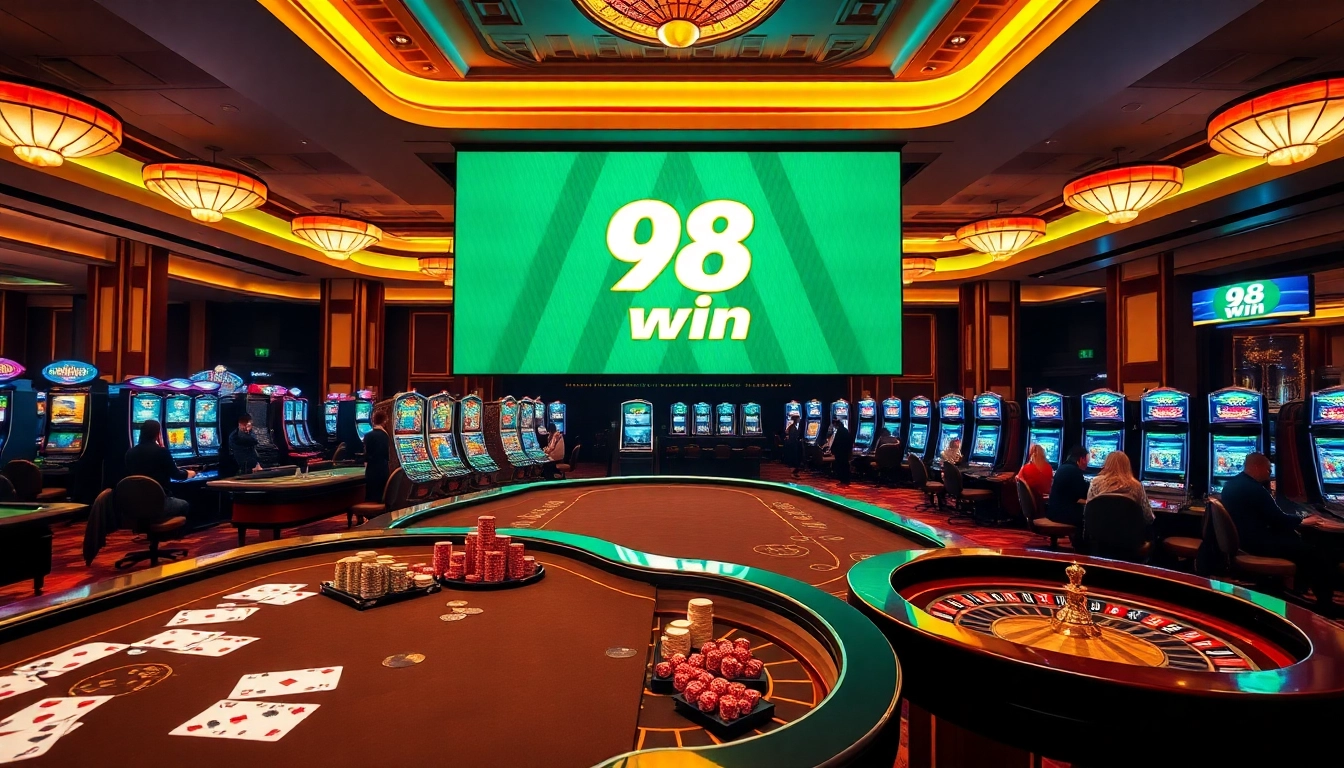 Experience the excitement of winning at 98 win with poker and roulette games in a luxurious casino setting.