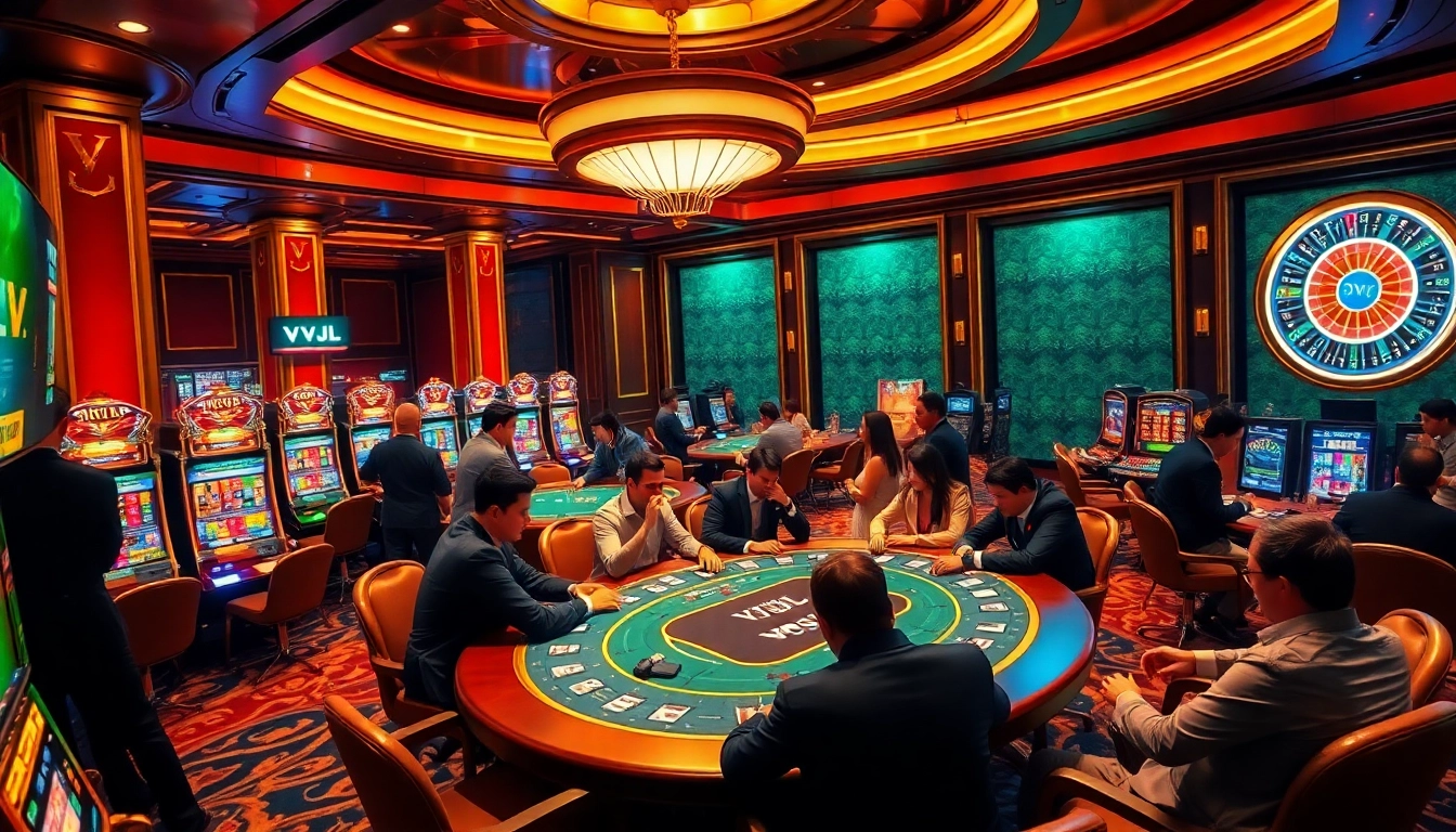 Players enjoying an exhilarating poker game at VVJL Casino with vibrant slot machines shining.