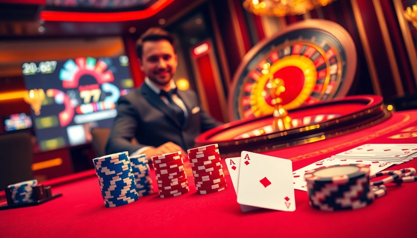 Experience thrilling gaming at https://www.6l777.org/ with a luxurious casino scene showcasing poker chips and cards.