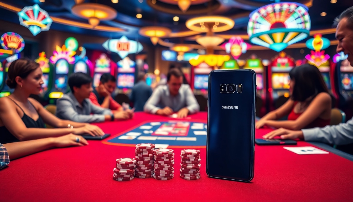 Players engaging in high-stakes poker at a luxurious casino with S8 smartphone nearby.