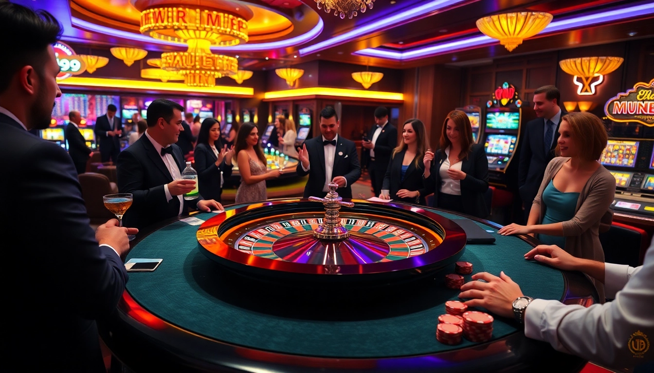 Excited players engaging at the MM99 roulette table in a vibrant casino atmosphere.