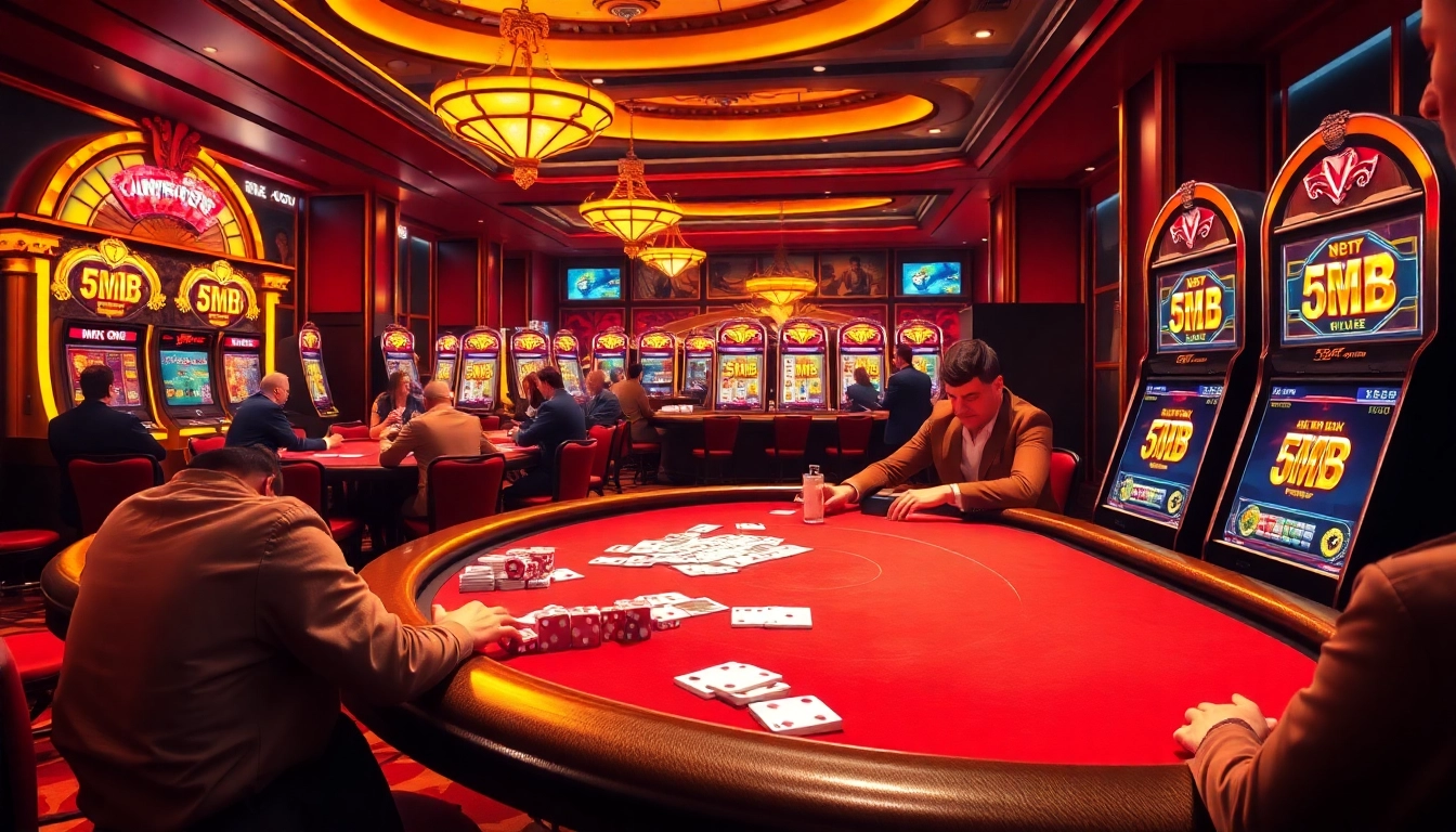 Players strategizing at a poker table in a luxurious casino setting featuring 5MB-themed slot machines.