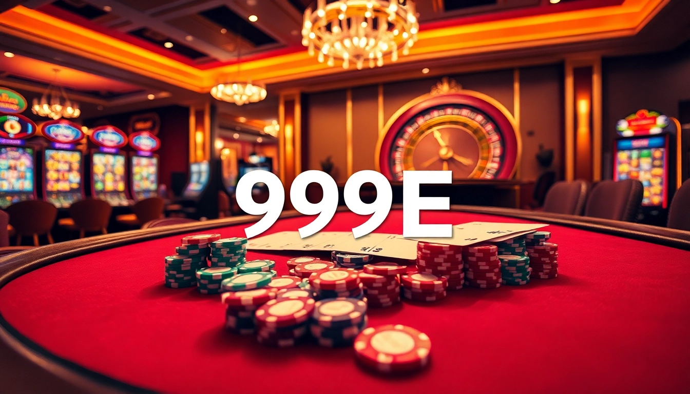 Engage in a thrilling poker game at 999E, showcasing vibrant chips and elegant casino tables.