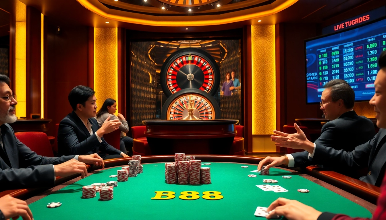 Experience the excitement of BJ88's upscale casino scene with poker tables, chips, and games.
