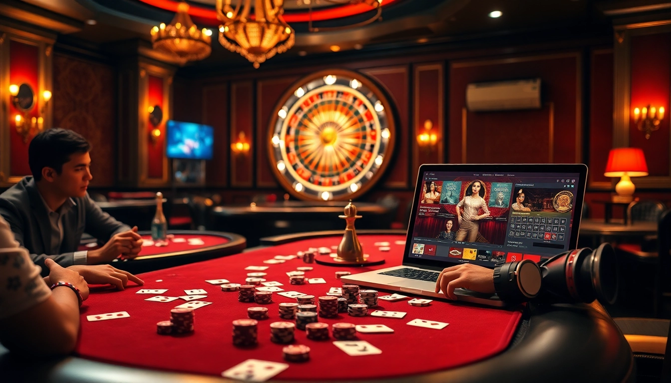 Gambling action on Trang chủ S8 with players at vibrant poker tables and a spinning roulette wheel.