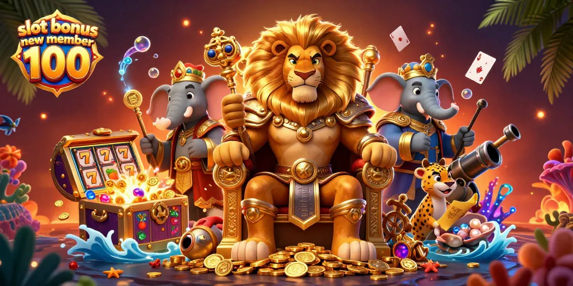 Bermain slot bonus anggota baru 100 dengan raja singa dan harta karun yang berkilauan serta elemen permainan kasino lainnya.