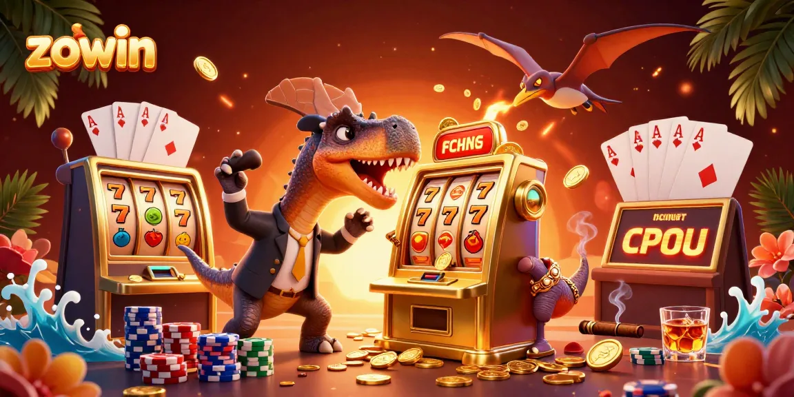 Zowin slots come alive as a cartoon dinosaur celebrates a jackpot win amidst vibrant casino elements.
