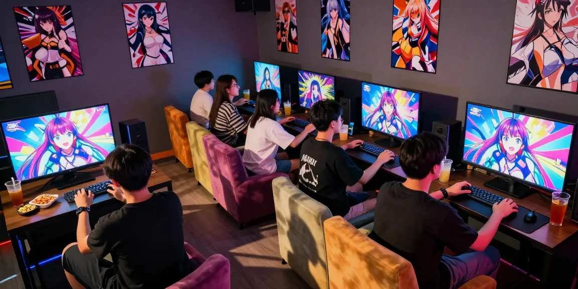 Friends engaging in ecchi games in a lively gaming lounge with colorful visuals and snacks.