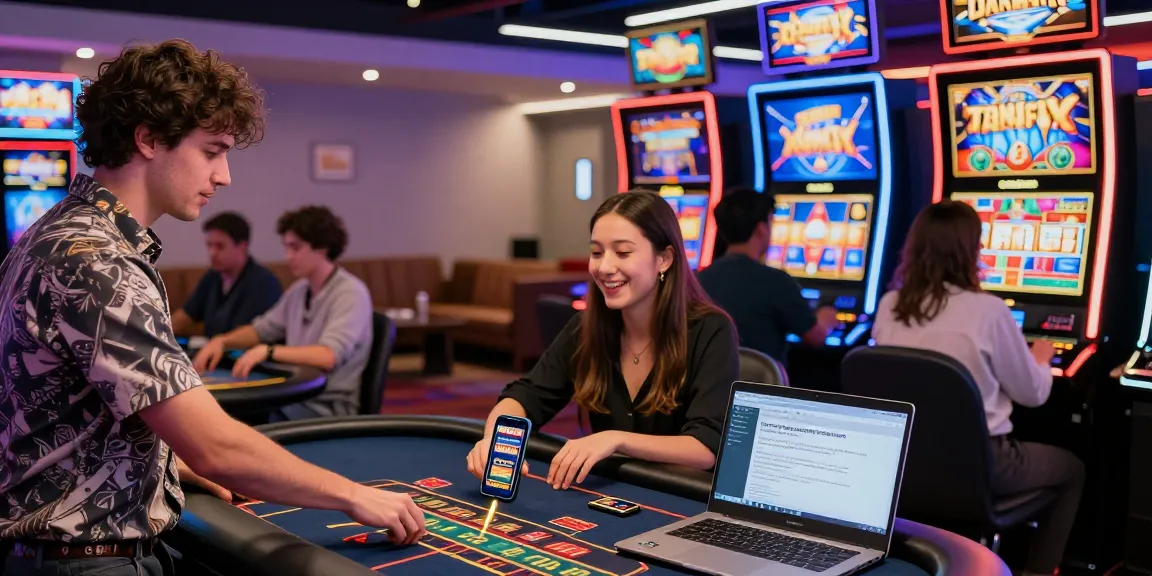 Excited players at credit card casinos enjoying live dealer games and slot machines, reflecting a vibrant gaming atmosphere.