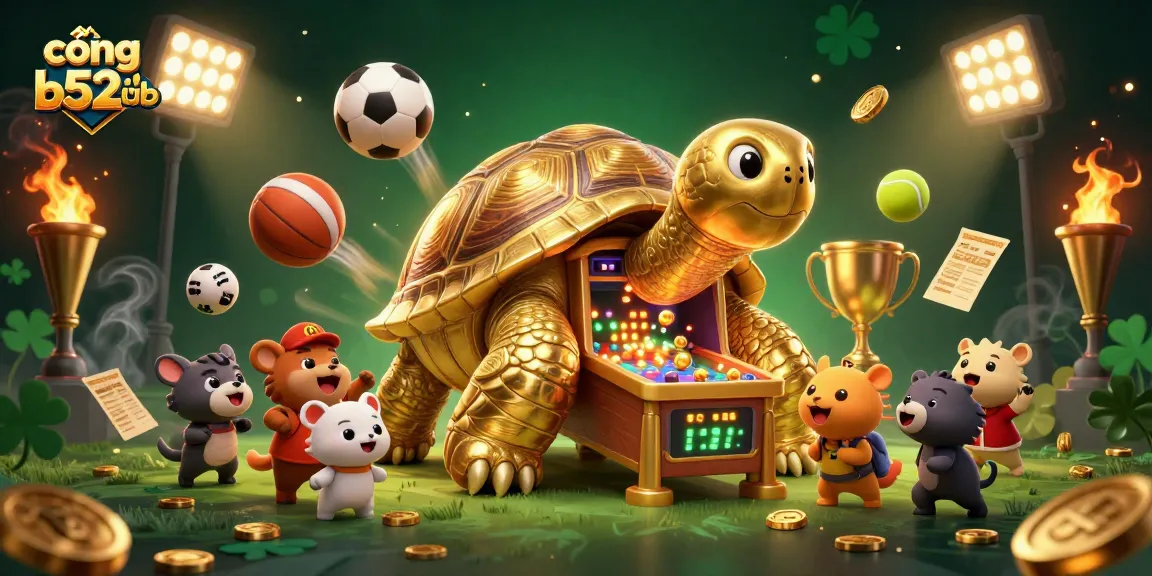 Experience thrilling gameplay at cổng b52club, with a golden tortoise pinball machine in a bustling casino scene.