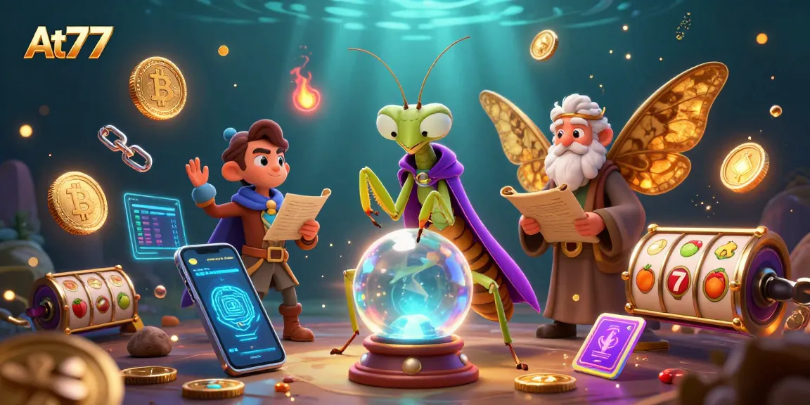 Experience casino magic with At77, featuring mystical fortune tellers and vibrant crypto elements in a rich 3D scene.