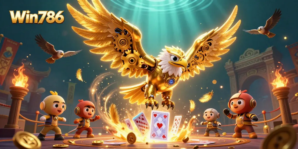 Win786 delivers excitement through a vivid 3D illustration of a cybernetic eagle amidst dynamic casino elements.