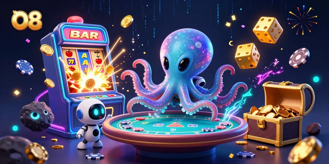 Join the fun with O8's alien octopus at a bustling holographic poker table amidst explosive casino elements.