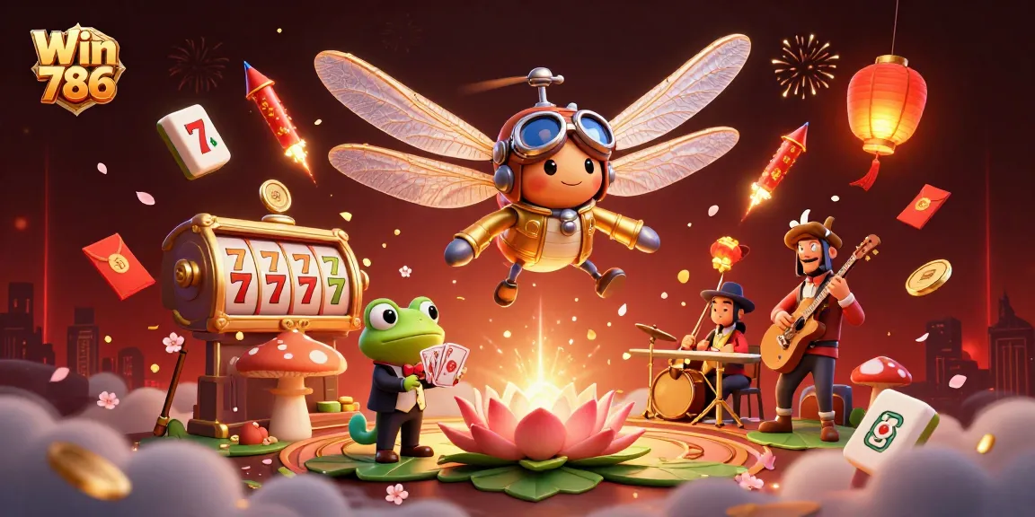Experience the thrill of Win 786 with vibrant casino elements and engaging characters.