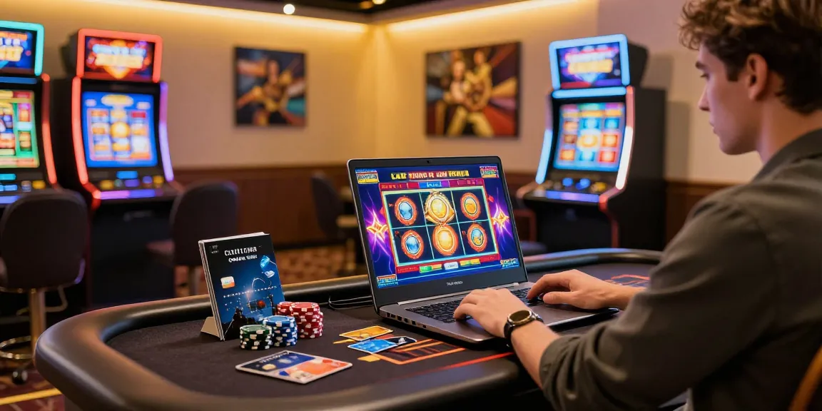 Player enjoying credit card slots on a laptop with casino decor, highlighting excitement of online gaming experience.