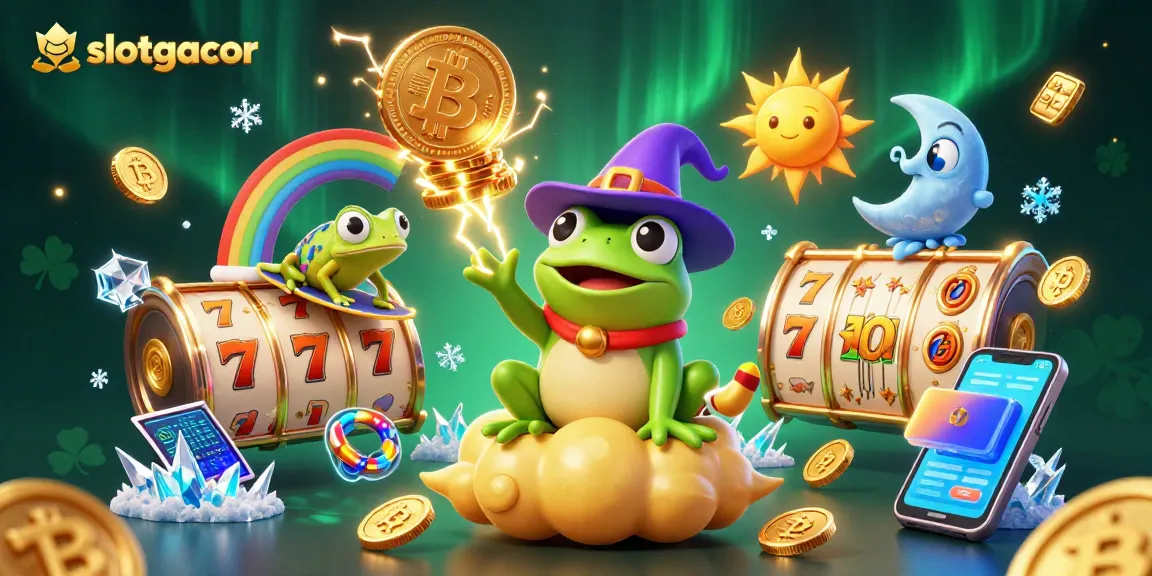 Spin to win with slotgacor as a weather wizard frog rains golden coins in an enchanting scene!