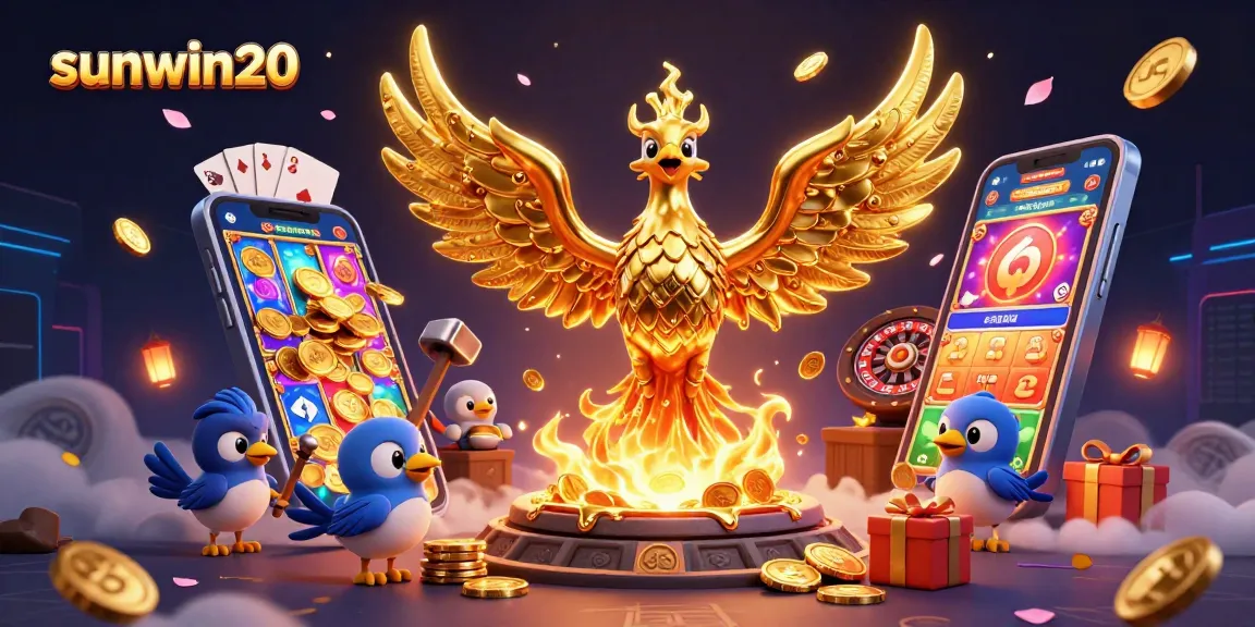 Experience the excitement of sunwin20 as golden coins cascade from a molten phoenix in a vibrant casino scene.